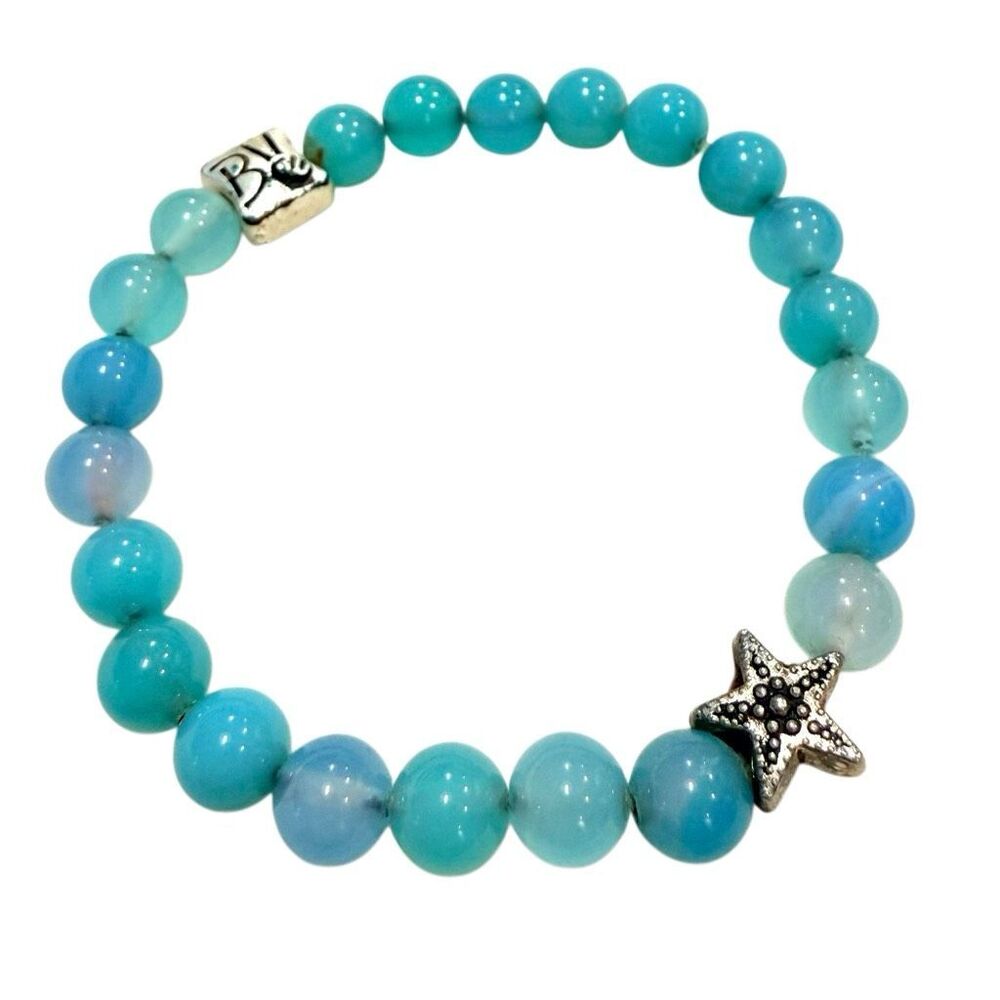 NWOT Signed BV Aquamarine & Starfish Bead Stretch Blue Beaded Bracelet